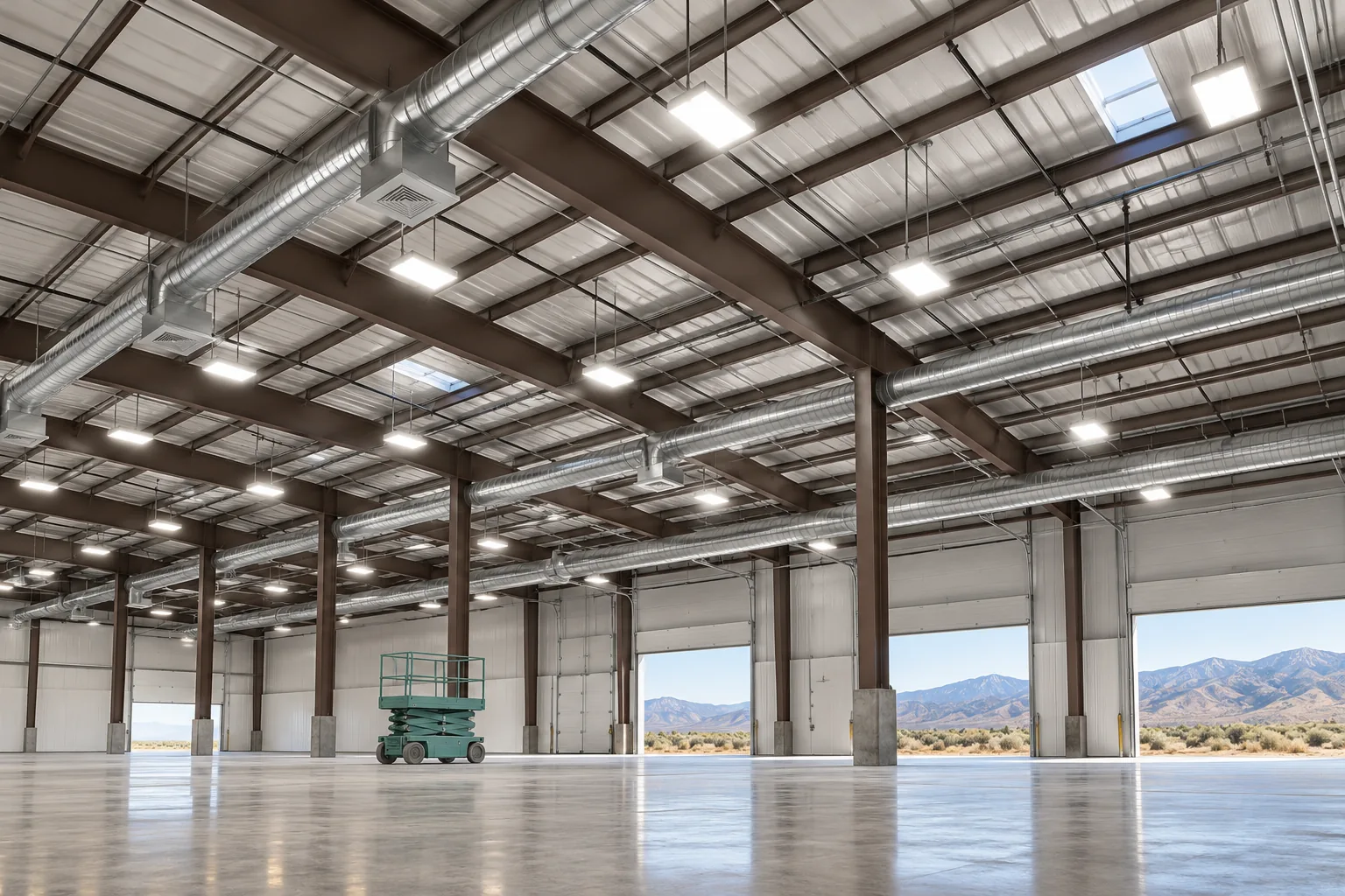 Warehouse ceiling with clean beams and lights