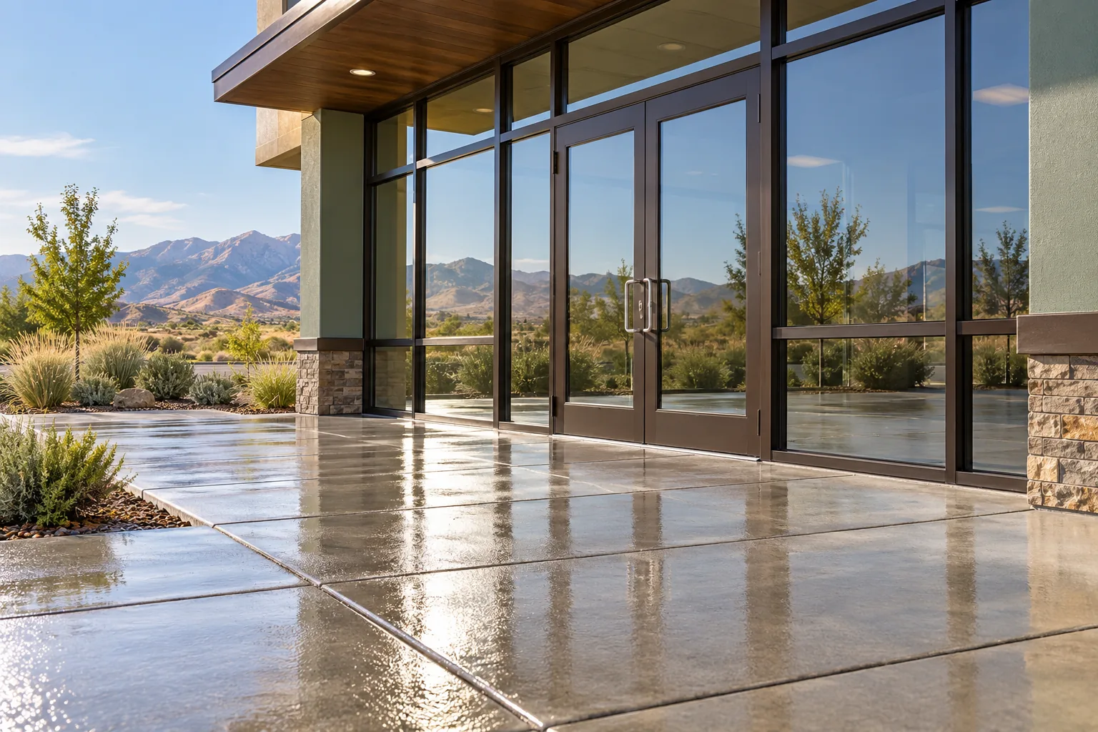 Freshly washed commercial entry and sidewalk