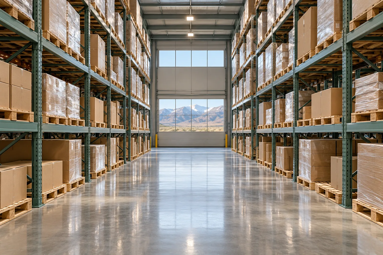 Clean warehouse aisle with tall racking
